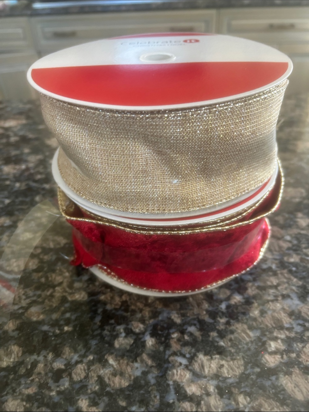 CELEBRATE IT ASSORTED JUMBO WIRED RIBBON W GOLD TRIM  LOT OF 2 NWT